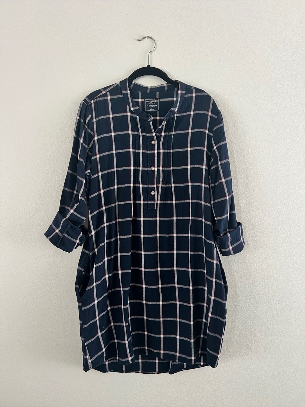 Abercrombie & Fitch | Navy Plaid Shirt Dress - Size L - Picture 2 of 5